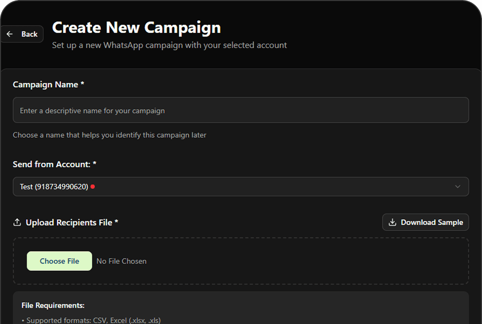 Create New Campaign – name, account, upload recipients
